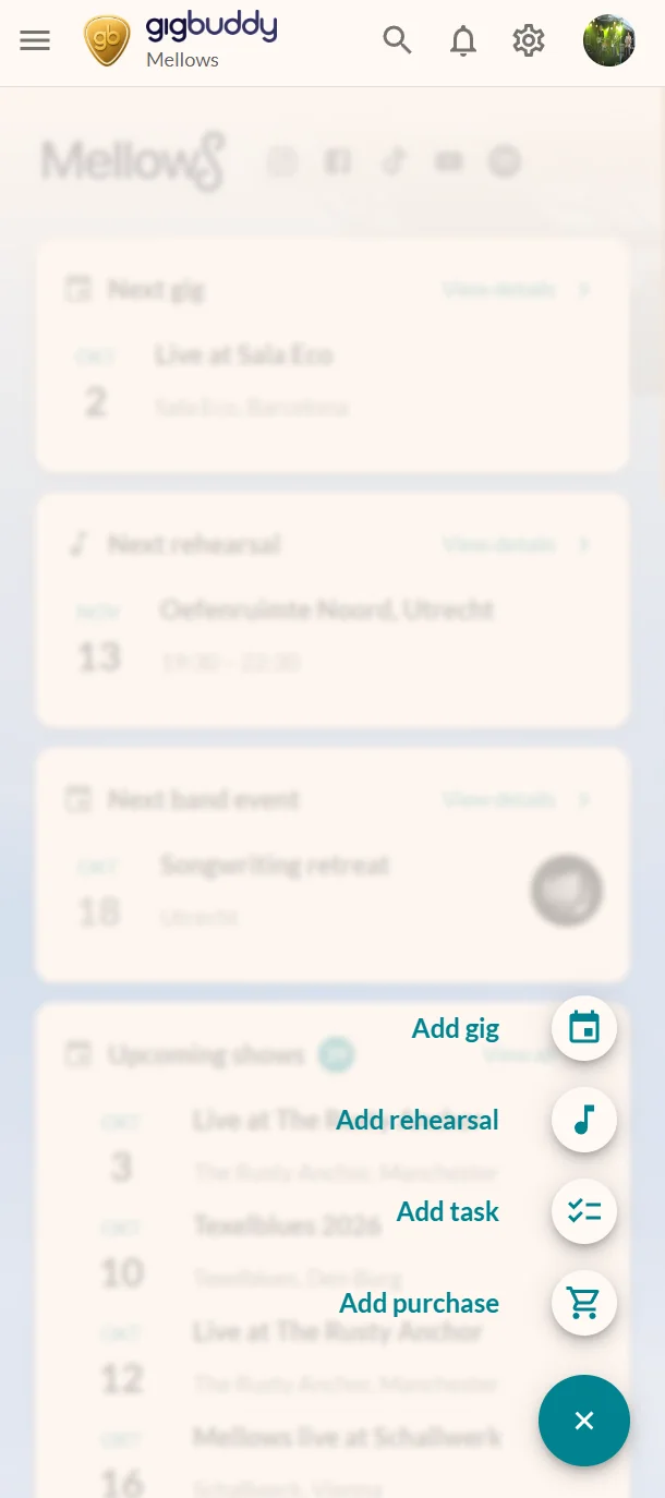 The Quick Add menu on a phone, with options to add a gig, rehearsal, task or purchase